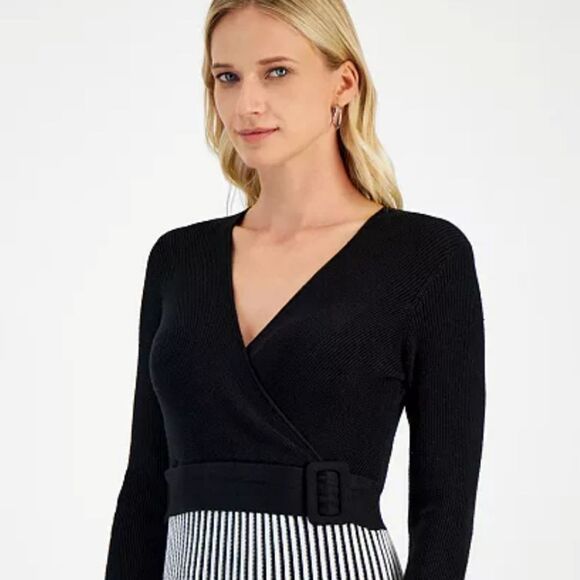 Robbie Bee Women's Two-Tone Belted Sweater Dress Sz Large - Picture 2 of 13